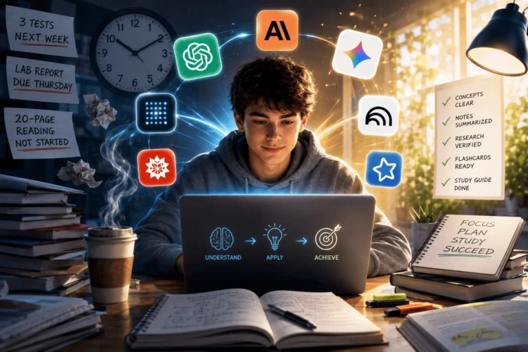 Student studying with AI tools on a laptop at a clean study desk.