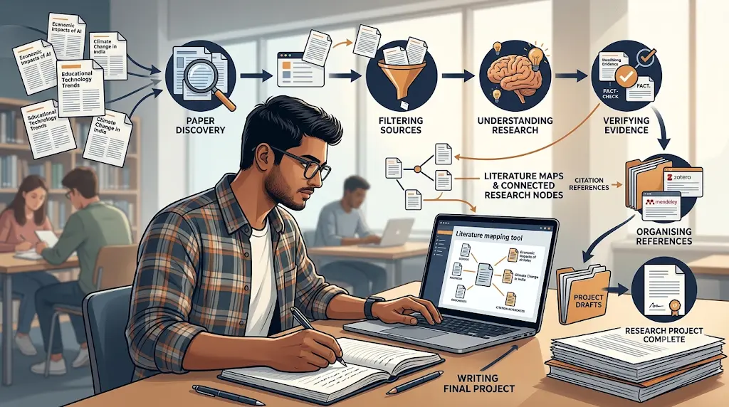 AI tools for research projects helping an Indian student find, verify, and organize academic sources